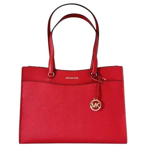 New Michael Kors Jet Set Travel Large Saffiano Bright Red Leather Pocket Tote - Picture 2 of 7